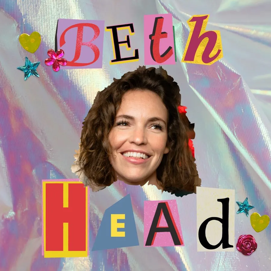 A paper-cut collage of Beth's face with the words Beth Head