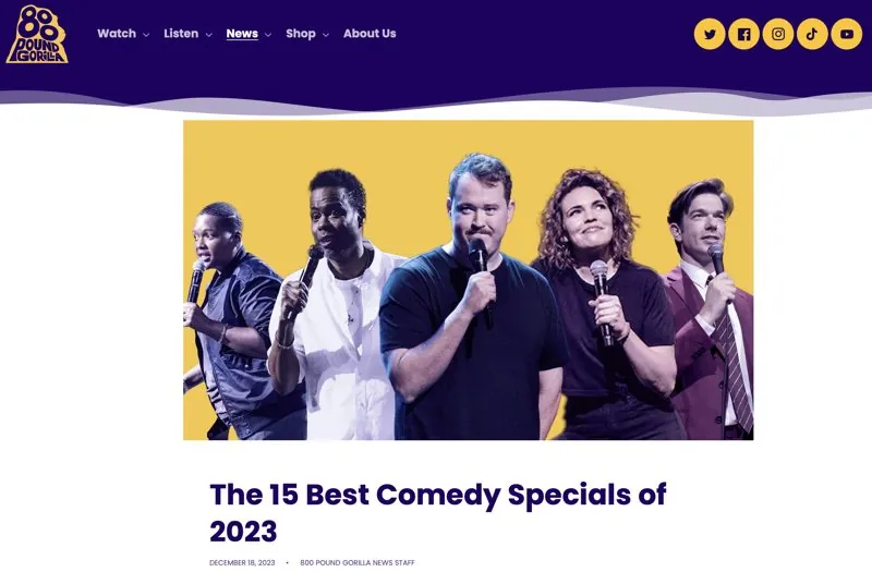 Screenshot of a list, The 15 Best Comedy Specials of 2023, with Beth among the comics pictured