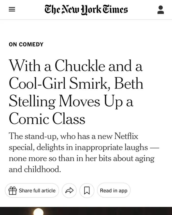 Screenshot of the New York Times On Comedy piece, With a Chuckle and a Cool-Girl Smirk, Beth Stelling Moves Up a Comic Class