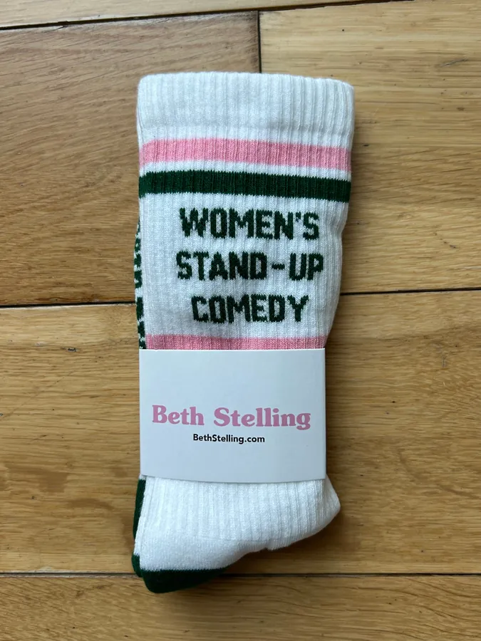 Women’s Stand-up Comedy crew socks in white with bubblegum pink and fir green stripes