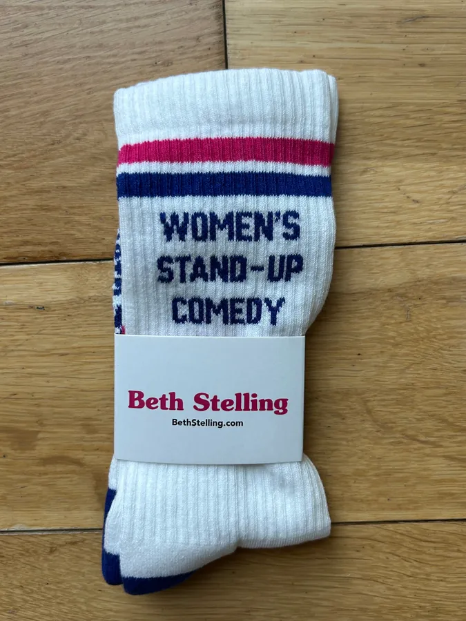 Women’s Stand-up Comedy crew socks in white with magenta and lapis blue stripes