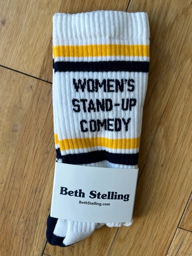 Women’s Stand-up Comedy crew socks in navy and yellow