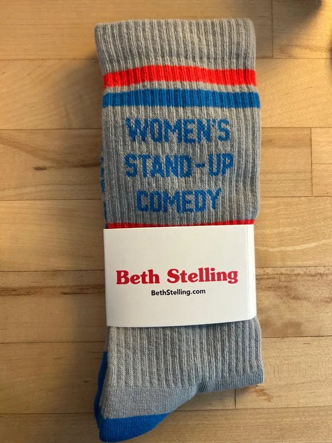 Women’s Stand-up Comedy crew socks in gray with royal blue and ladybug-red stripes