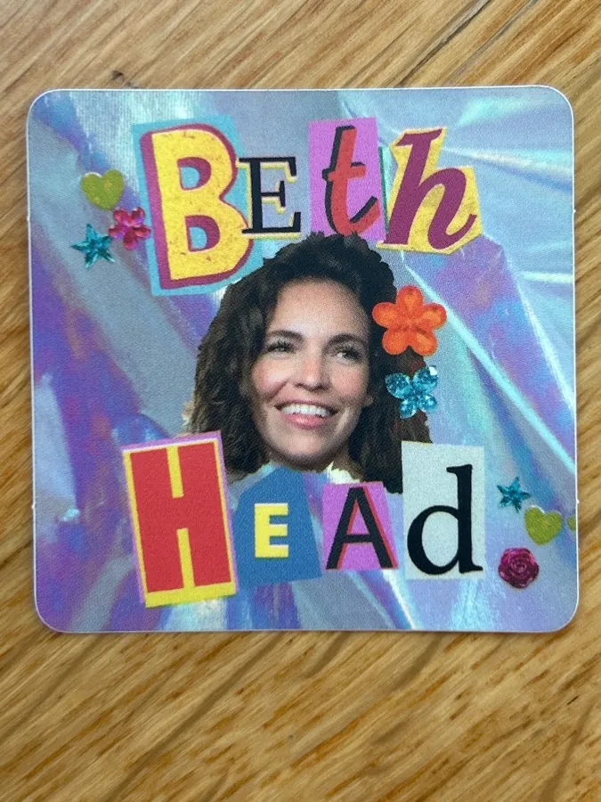 Beth Head sticker, a paper-cut collage of Beth’s face