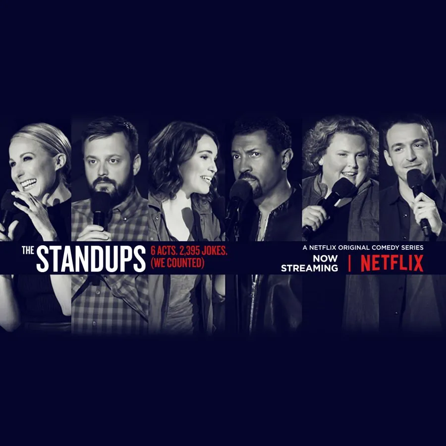 Netflix key art for The Standups, six comics in a row with mics